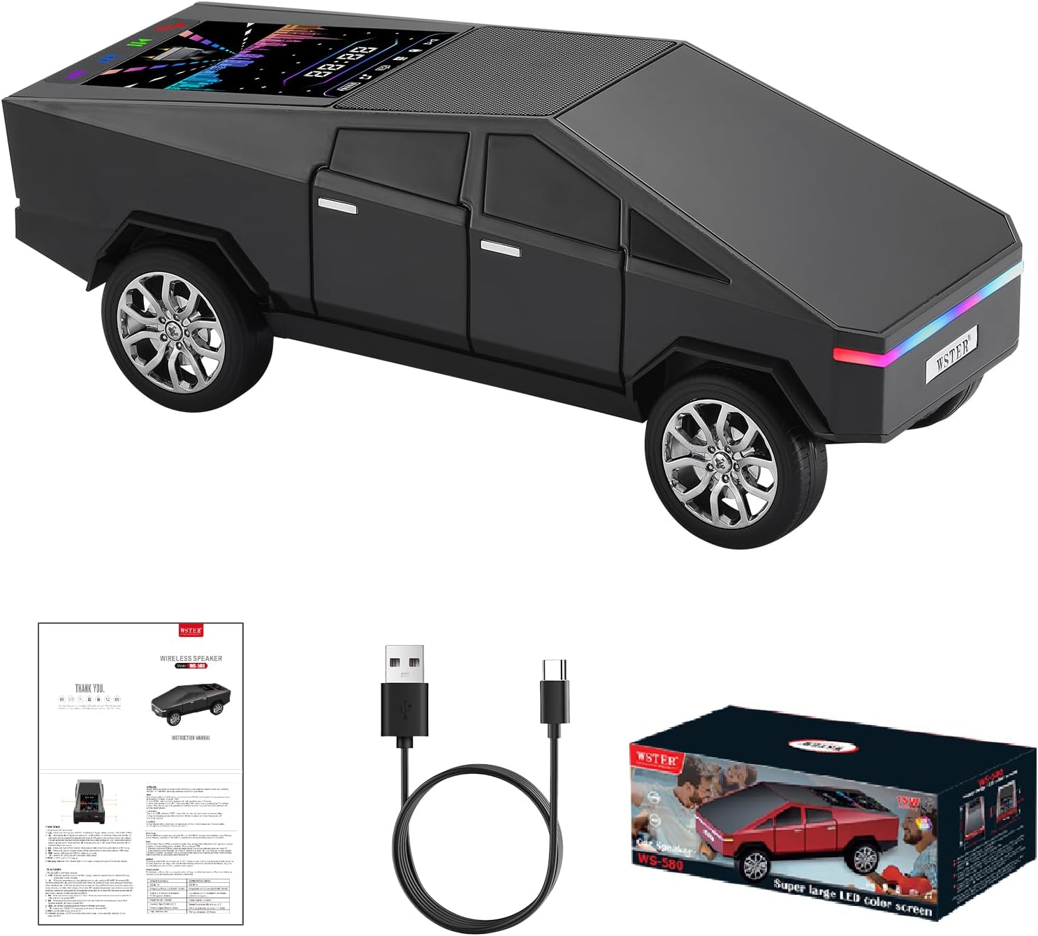 WS - 580 Cybertruck Portable Bluetooth Speaker, Replica Car with Display Screen, HD Sound, TWS Pairing, FM Radio, Built - in Mic, Remote Selfie Control, LED Party Light, Gift for Car Lovers - WSTER