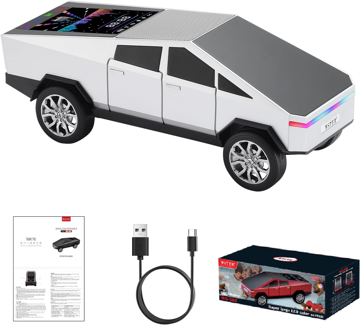 WS - 580 Cybertruck Portable Bluetooth Speaker, Replica Car with Display Screen, HD Sound, TWS Pairing, FM Radio, Built - in Mic, Remote Selfie Control, LED Party Light, Gift for Car Lovers - WSTER