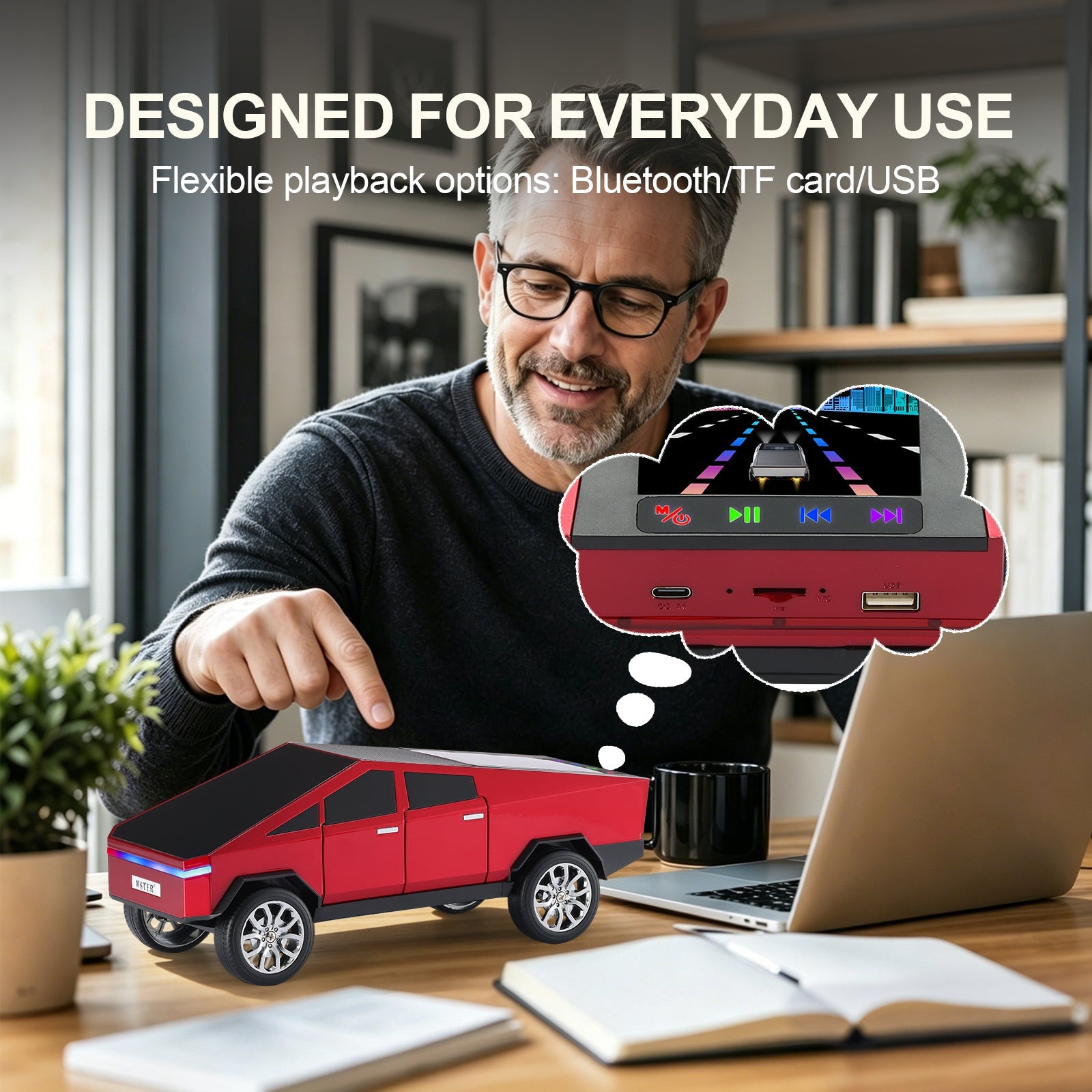 WS - 580 Cybertruck Portable Bluetooth Speaker, Replica Car with Display Screen, HD Sound, TWS Pairing, FM Radio, Built - in Mic, Remote Selfie Control, LED Party Light, Gift for Car Lovers - WSTER
