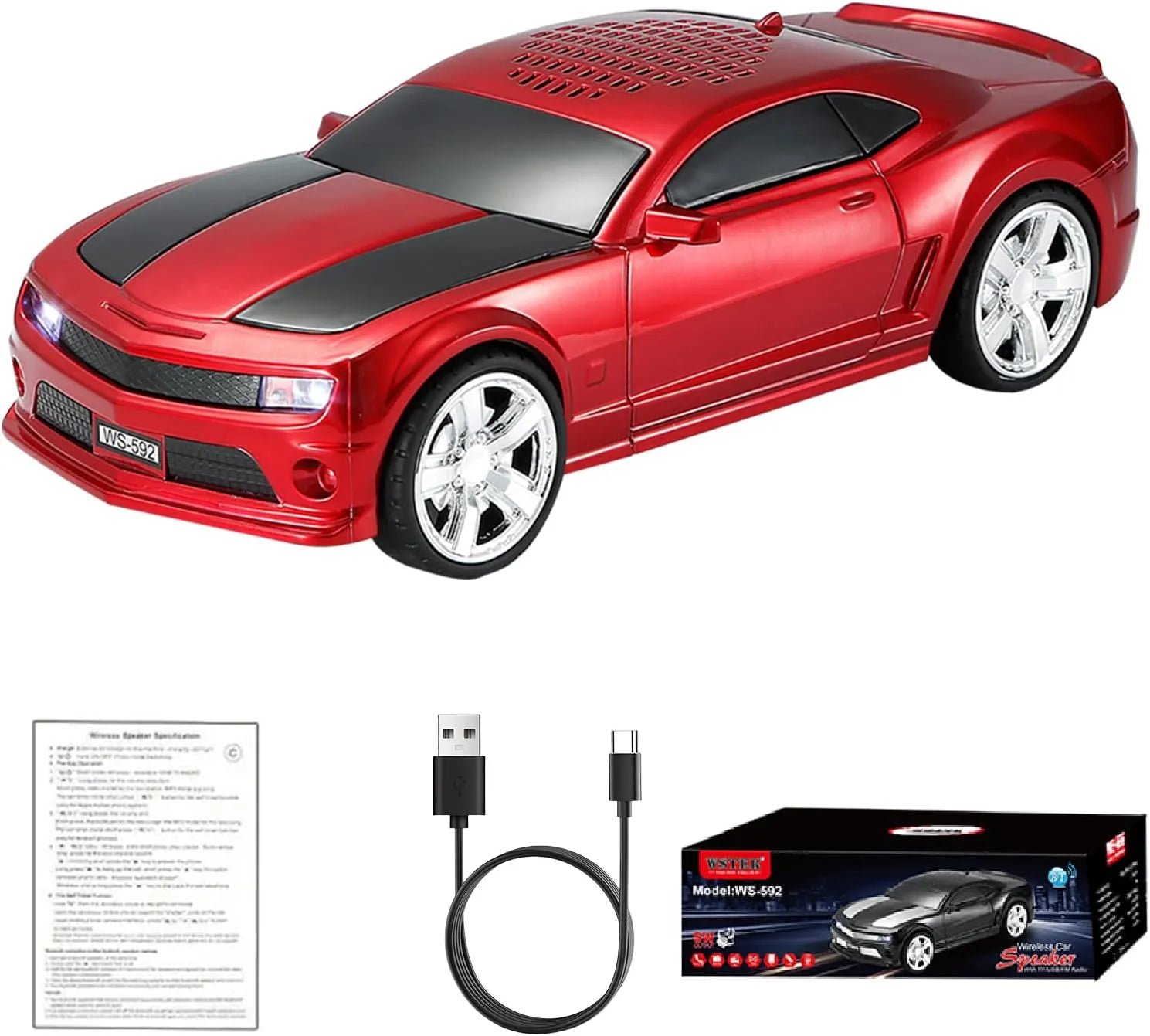WS - 592 Supercar Design Bluetooth Replica Speaker – Portable Car Model Wireless Speaker with TWS Stereo, FM Radio, LED Party Lights, USB/TF Playback, Hands - Free Calling, Microphone - WSTER