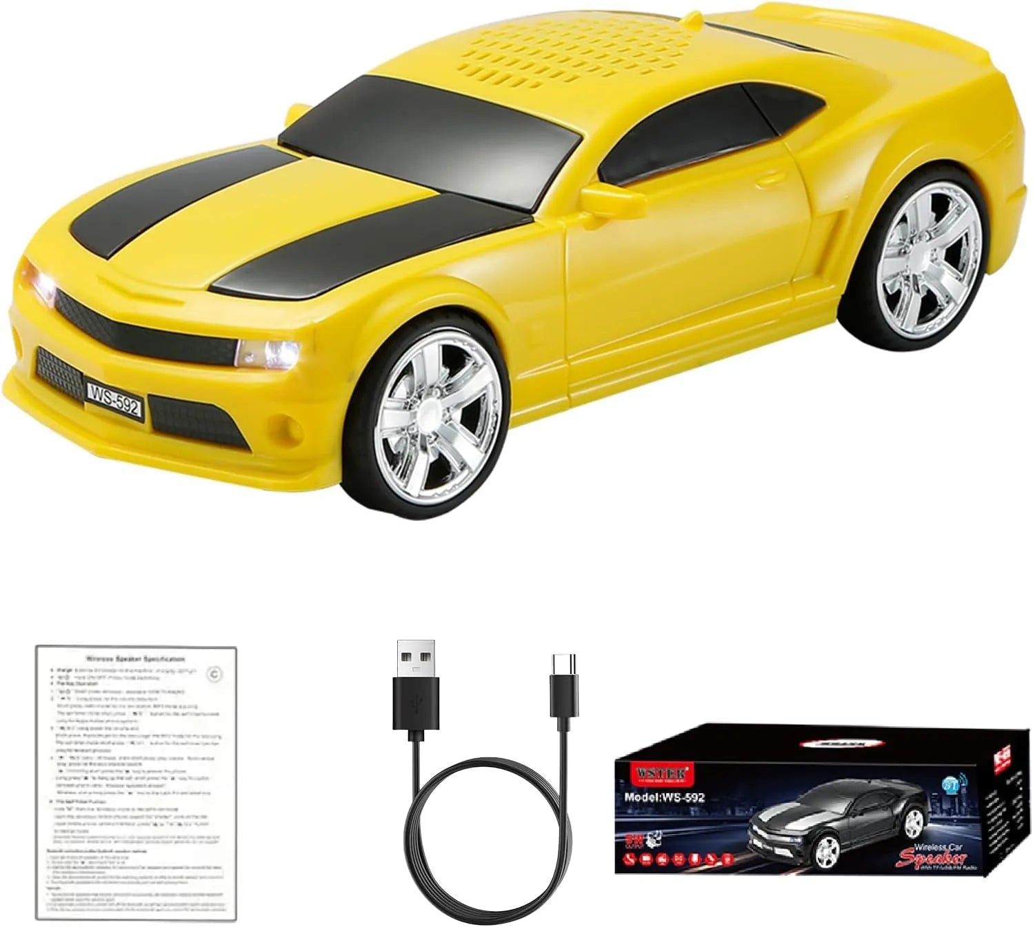 WS - 592 Supercar Design Bluetooth Replica Speaker – Portable Car Model Wireless Speaker with TWS Stereo, FM Radio, LED Party Lights, USB/TF Playback, Hands - Free Calling, Microphone - WSTER