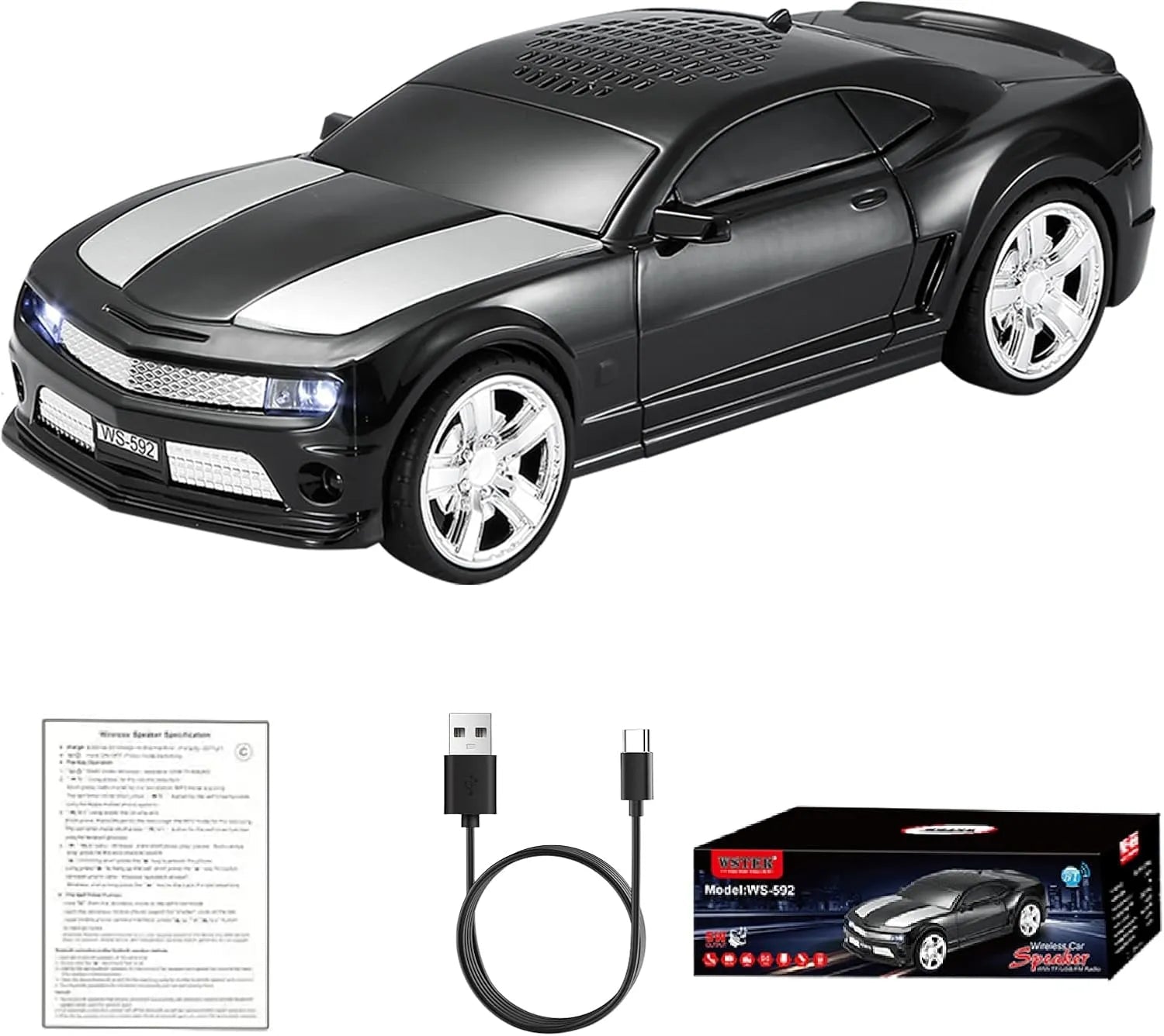WS - 592 Supercar Design Bluetooth Replica Speaker – Portable Car Model Wireless Speaker with TWS Stereo, FM Radio, LED Party Lights, USB/TF Playback, Hands - Free Calling, Microphone - WSTER