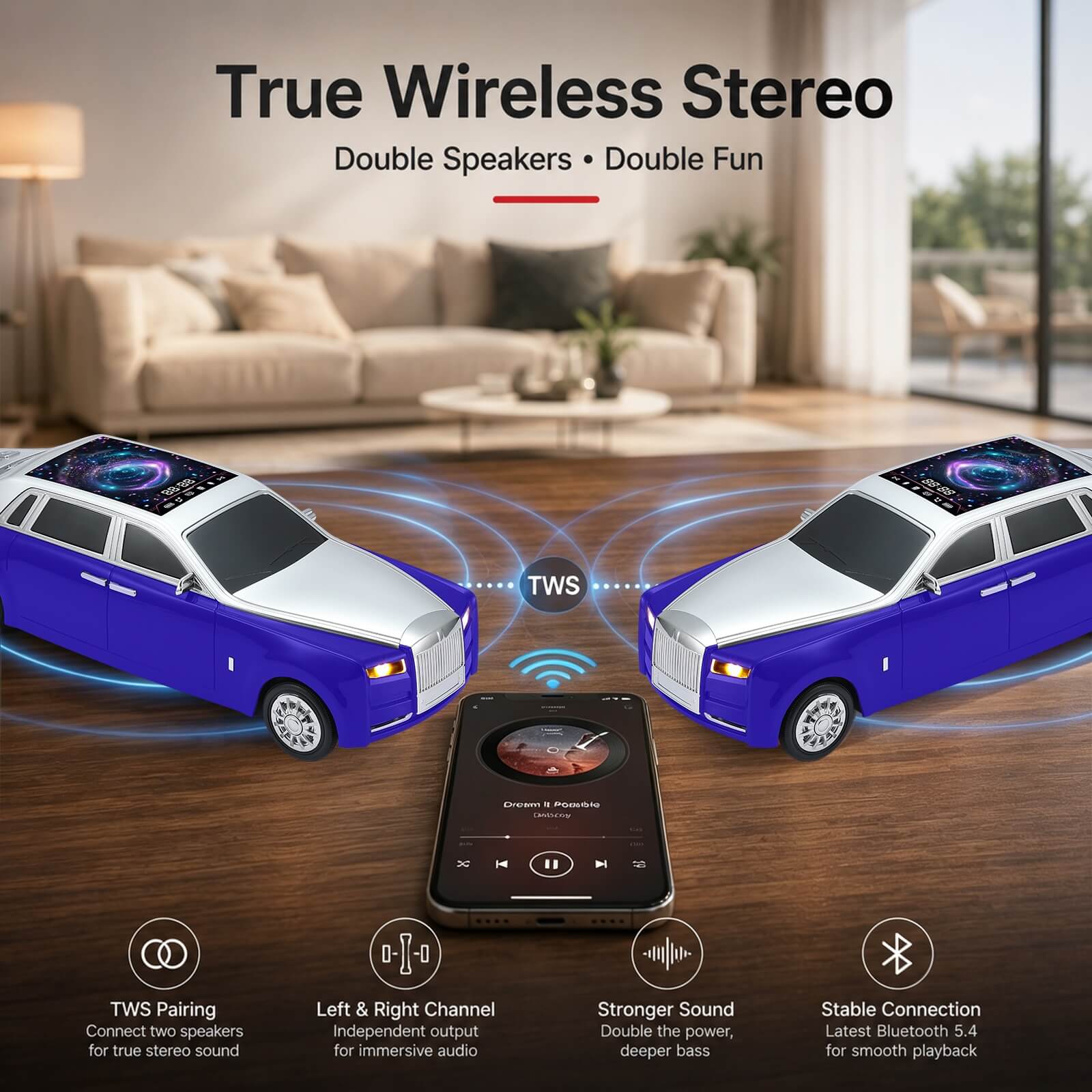 WS - 610 Luxury Sedan Replica Bluetooth Speaker – LED Starry Sky Screen Display, HD Sound, TWS Stereo,FM Radio, USB/TF Playback, Built - in Microphone, Portable Wireless Gift for Car Enthusiasts - WSTER