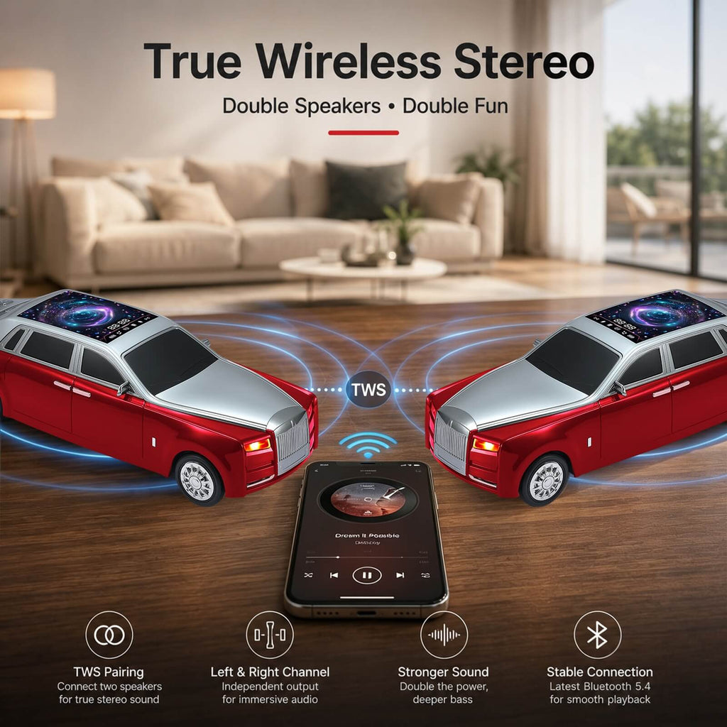 WS - 610 Luxury Sedan Replica Bluetooth Speaker – LED Starry Sky Screen Display, HD Sound, TWS Stereo,FM Radio, USB/TF Playback, Built - in Microphone, Portable Wireless Gift for Car Enthusiasts - WSTER