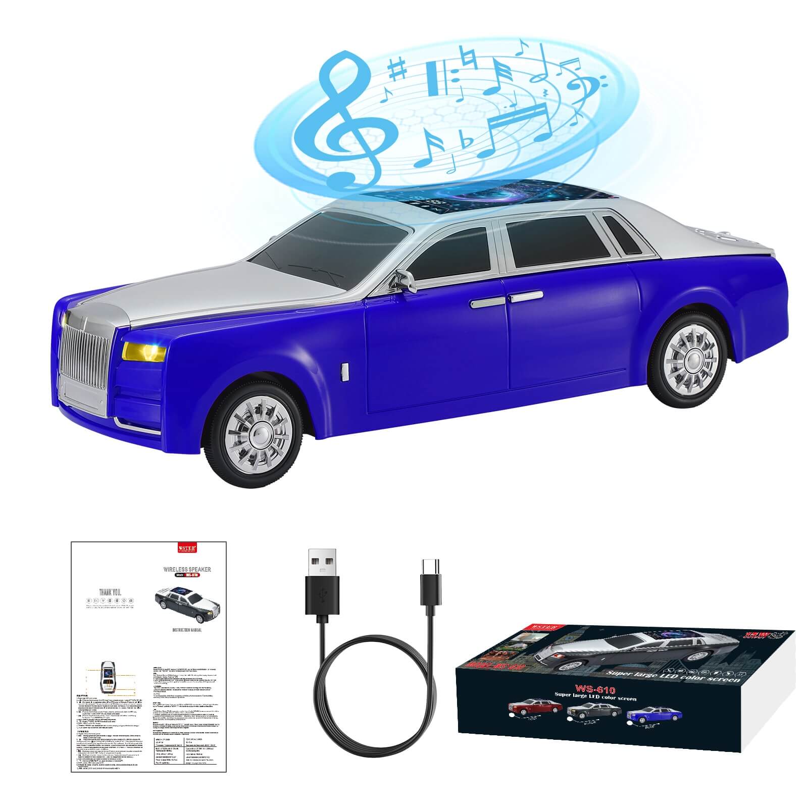 WS - 610 Luxury Sedan Replica Bluetooth Speaker – LED Starry Sky Screen Display, HD Sound, TWS Stereo,FM Radio, USB/TF Playback, Built - in Microphone, Portable Wireless Gift for Car Enthusiasts - WSTER