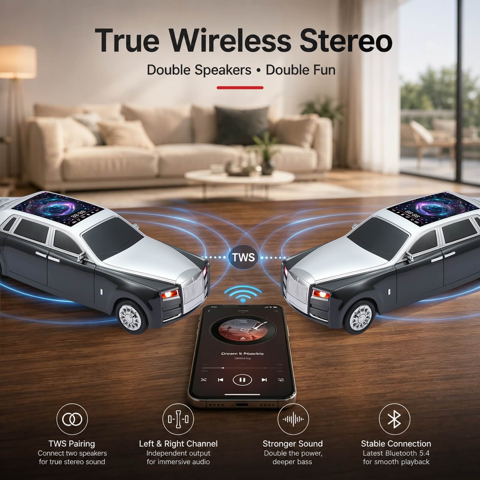WS - 610 Luxury Sedan Replica Bluetooth Speaker – LED Starry Sky Screen Display, HD Sound, TWS Stereo,FM Radio, USB/TF Playback, Built - in Microphone, Portable Wireless Gift for Car Enthusiasts - WSTER
