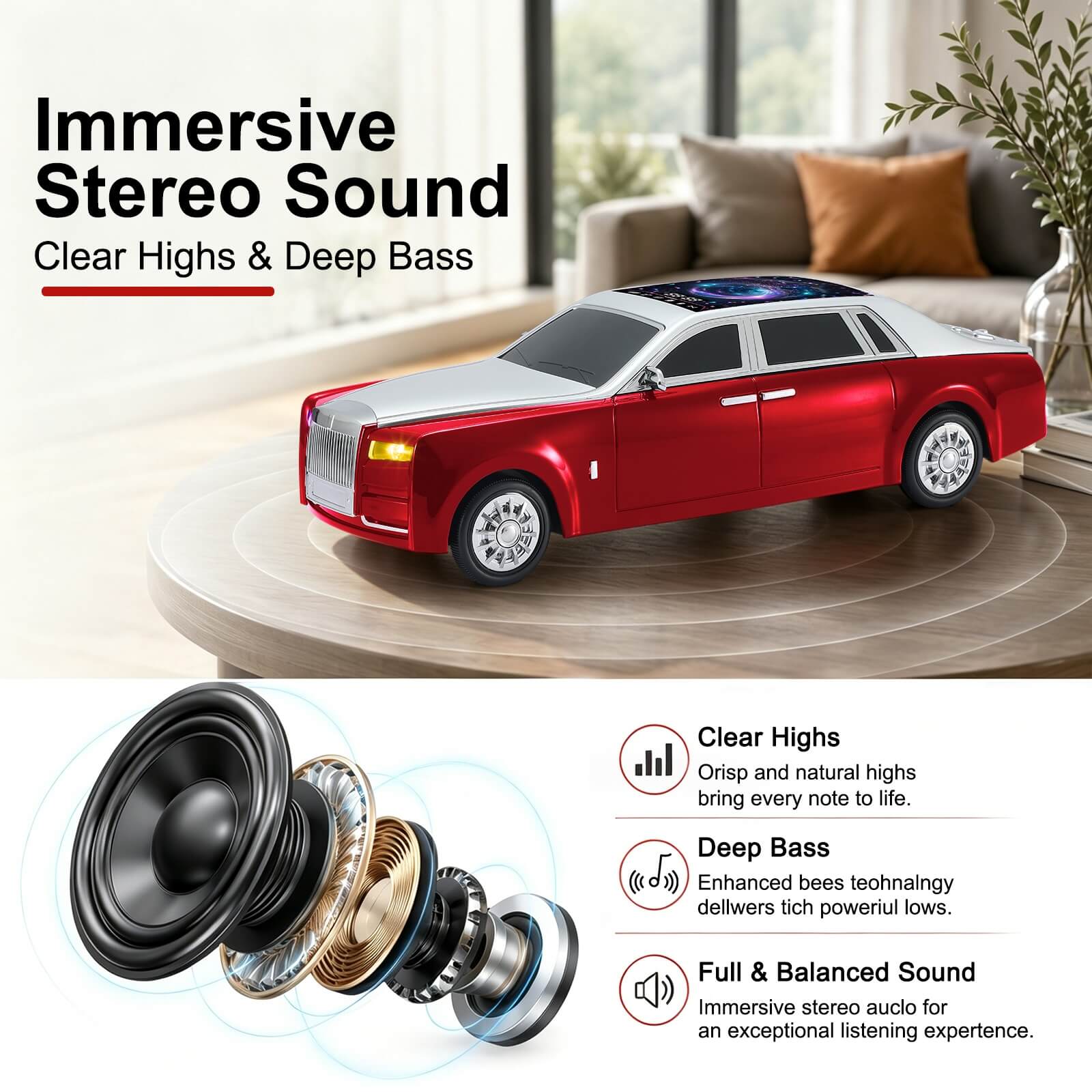 WS - 610 Luxury Sedan Replica Bluetooth Speaker – LED Starry Sky Screen Display, HD Sound, TWS Stereo,FM Radio, USB/TF Playback, Built - in Microphone, Portable Wireless Gift for Car Enthusiasts - WSTER