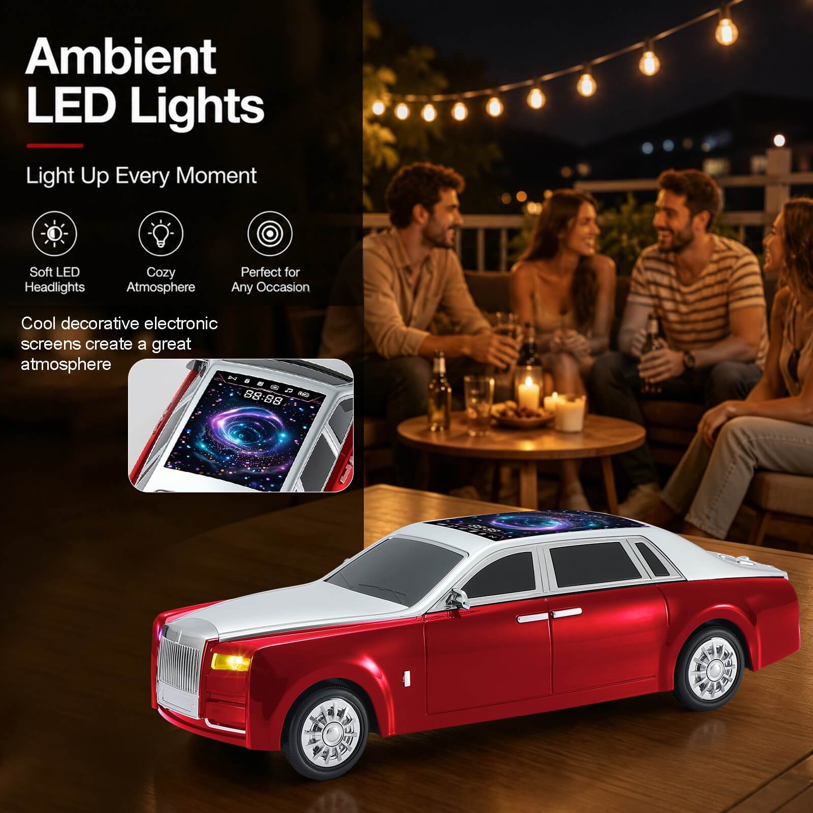 WS - 610 Luxury Sedan Replica Bluetooth Speaker – LED Starry Sky Screen Display, HD Sound, TWS Stereo,FM Radio, USB/TF Playback, Built - in Microphone, Portable Wireless Gift for Car Enthusiasts - WSTER