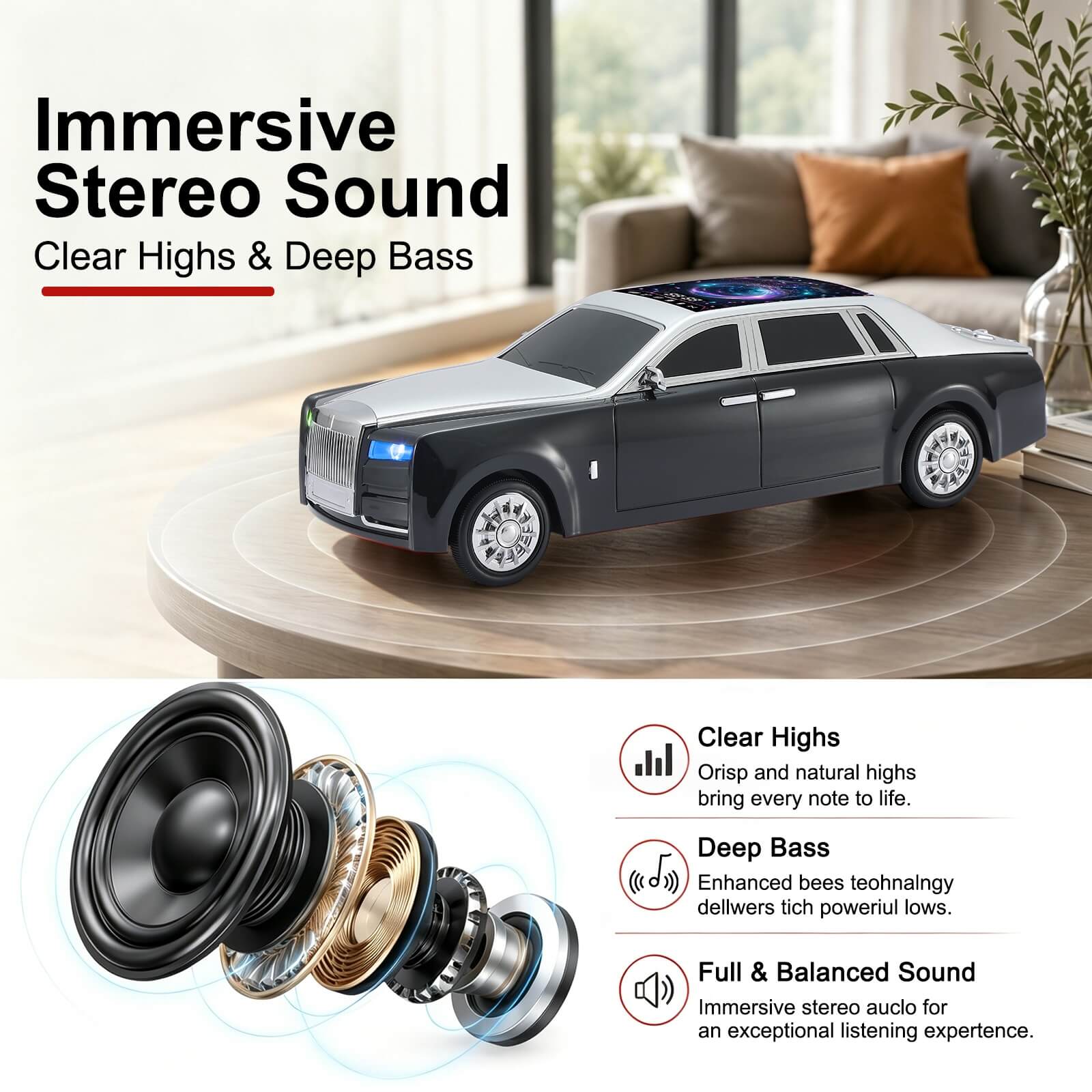 WS - 610 Luxury Sedan Replica Bluetooth Speaker – LED Starry Sky Screen Display, HD Sound, TWS Stereo,FM Radio, USB/TF Playback, Built - in Microphone, Portable Wireless Gift for Car Enthusiasts - WSTER