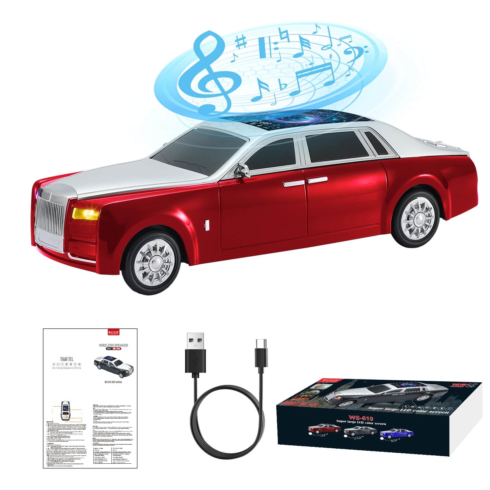 WS - 610 Luxury Sedan Replica Bluetooth Speaker – LED Starry Sky Screen Display, HD Sound, TWS Stereo,FM Radio, USB/TF Playback, Built - in Microphone, Portable Wireless Gift for Car Enthusiasts - WSTER