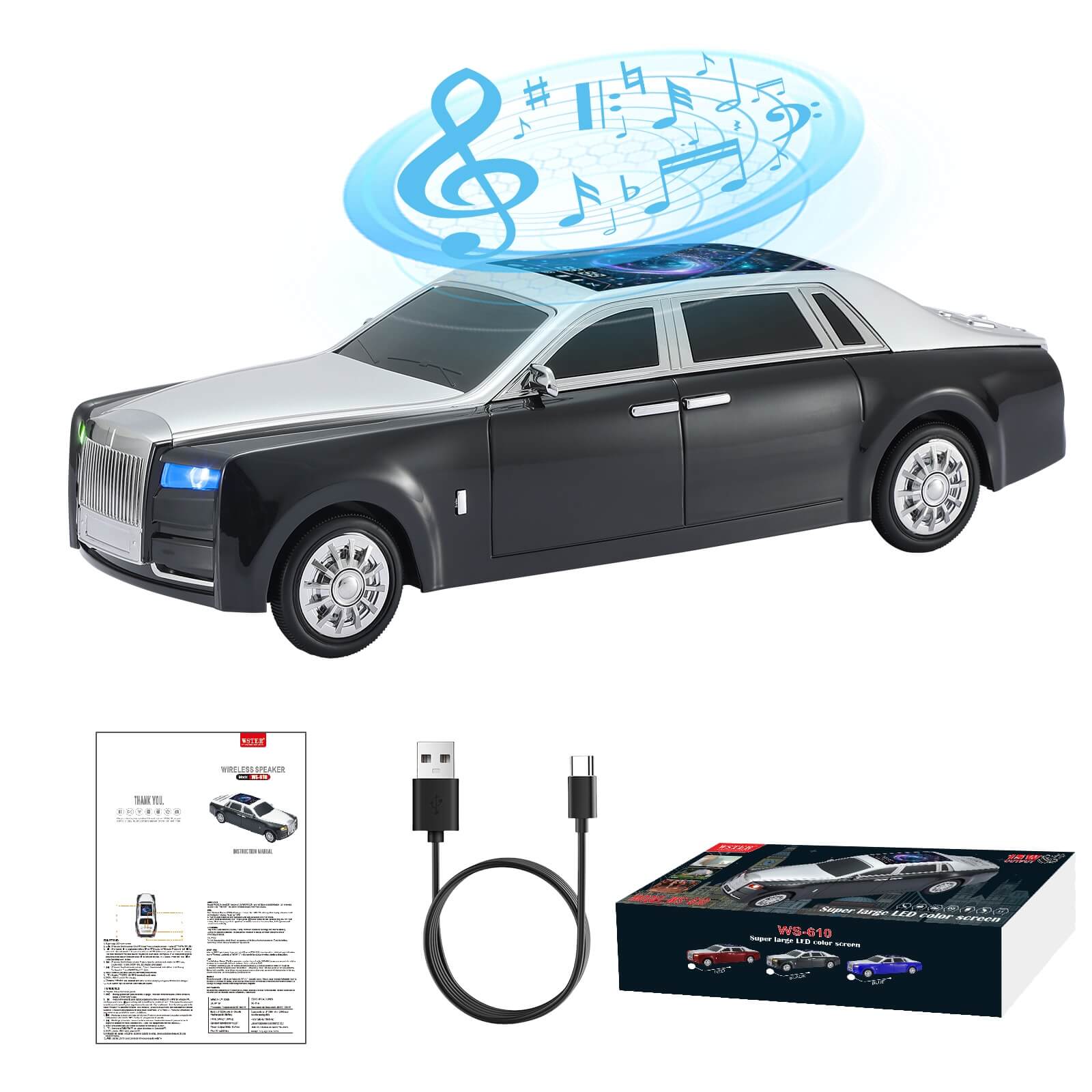 WS - 610 Luxury Sedan Replica Bluetooth Speaker – LED Starry Sky Screen Display, HD Sound, TWS Stereo,FM Radio, USB/TF Playback, Built - in Microphone, Portable Wireless Gift for Car Enthusiasts - WSTER