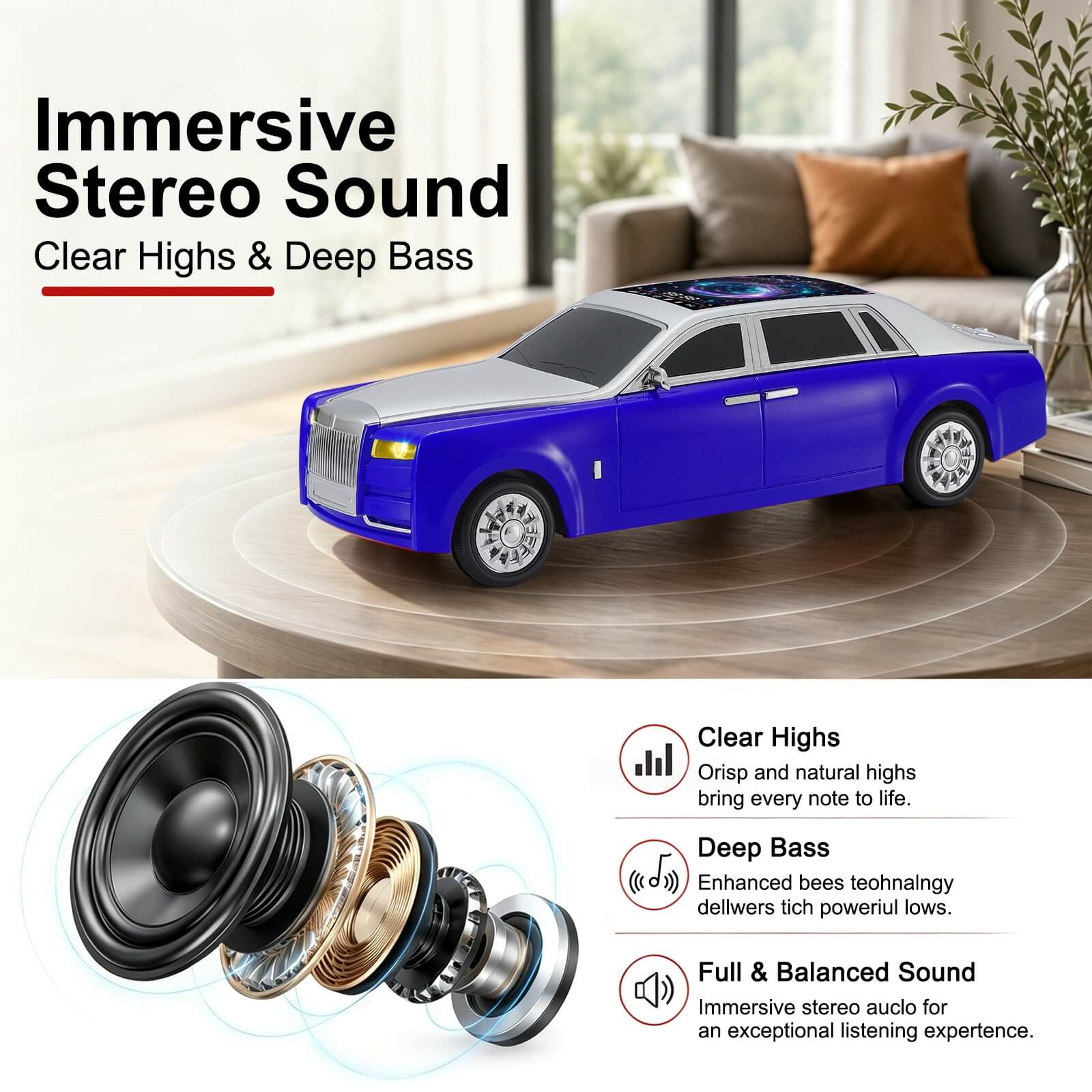 WS - 610 Luxury Sedan Replica Bluetooth Speaker – LED Starry Sky Screen Display, HD Sound, TWS Stereo,FM Radio, USB/TF Playback, Built - in Microphone, Portable Wireless Gift for Car Enthusiasts - WSTER