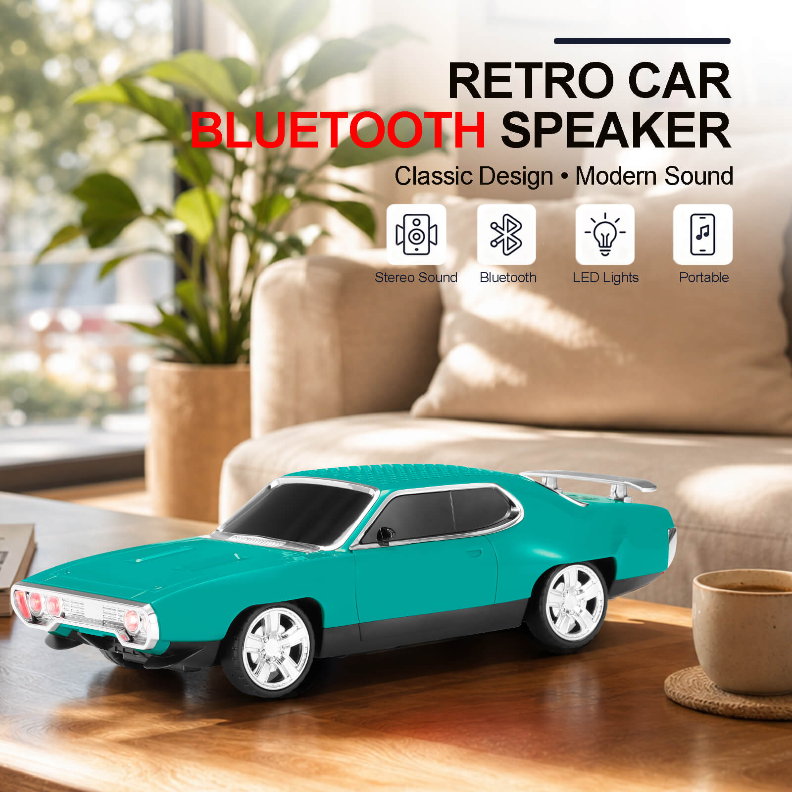 WS - 620 Classic Muscle Car Bluetooth Replica Speaker – Portable Wireless with HD Sound, TWS Stereo Pairing, LED Party Light, USB/TF/FM Support, Built - in Mic, Home Audio Cars Speaker Gift - WSTER