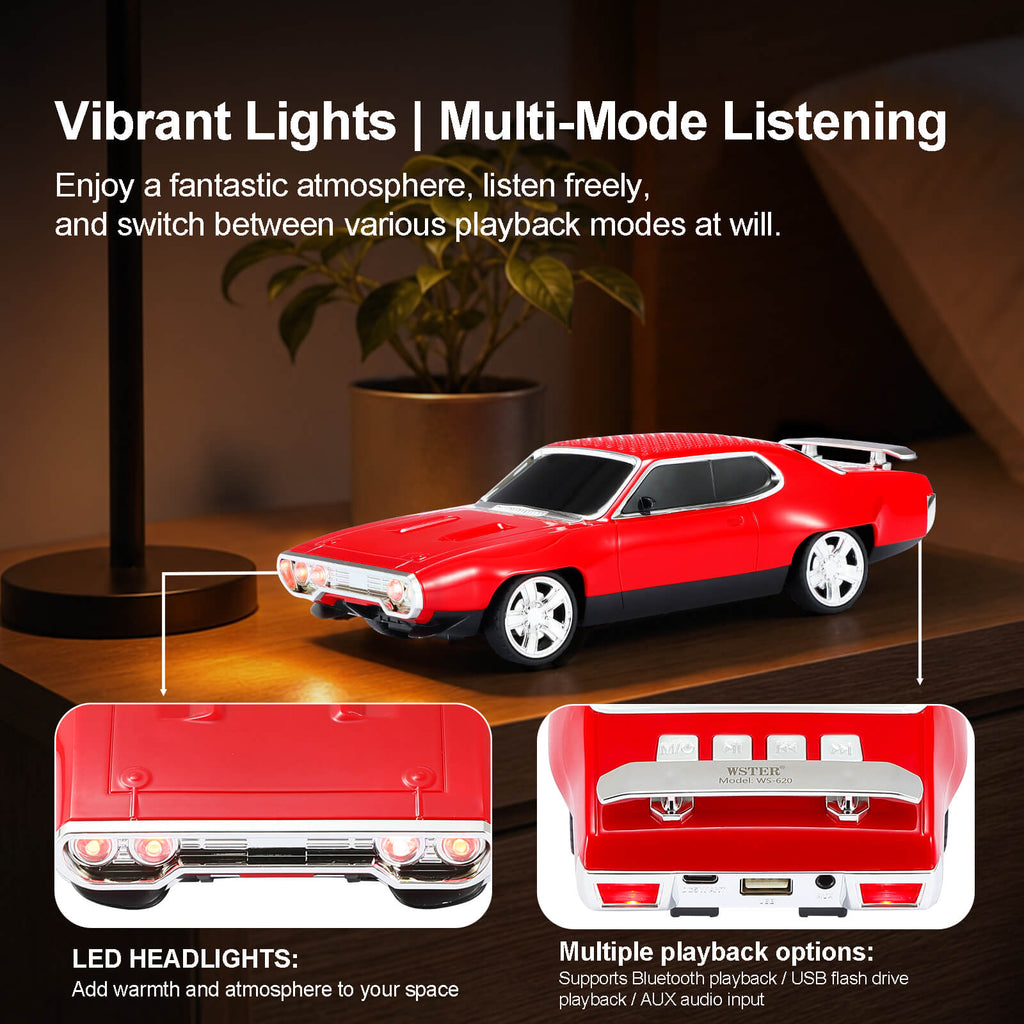 WS - 620 Classic Muscle Car Bluetooth Replica Speaker – Portable Wireless with HD Sound, TWS Stereo Pairing, LED Party Light, USB/TF/FM Support, Built - in Mic, Home Audio Cars Speaker Gift - WSTER