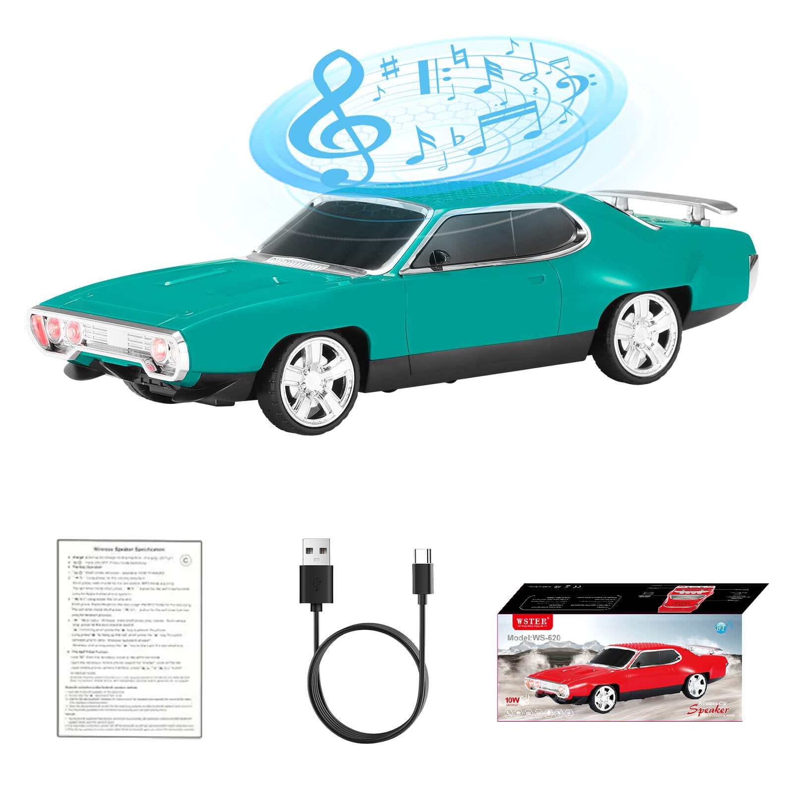 WS - 620 Classic Muscle Car Bluetooth Replica Speaker – Portable Wireless with HD Sound, TWS Stereo Pairing, LED Party Light, USB/TF/FM Support, Built - in Mic, Home Audio Cars Speaker Gift - WSTER