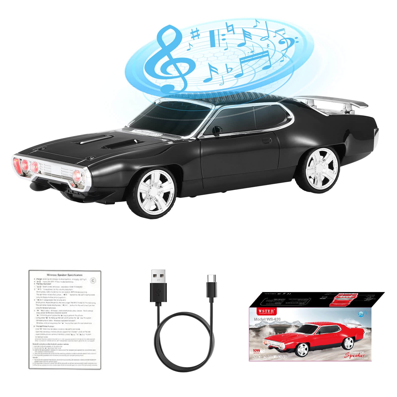 WS - 620 Classic Muscle Car Bluetooth Replica Speaker – Portable Wireless with HD Sound, TWS Stereo Pairing, LED Party Light, USB/TF/FM Support, Built - in Mic, Home Audio Cars Speaker Gift - WSTER