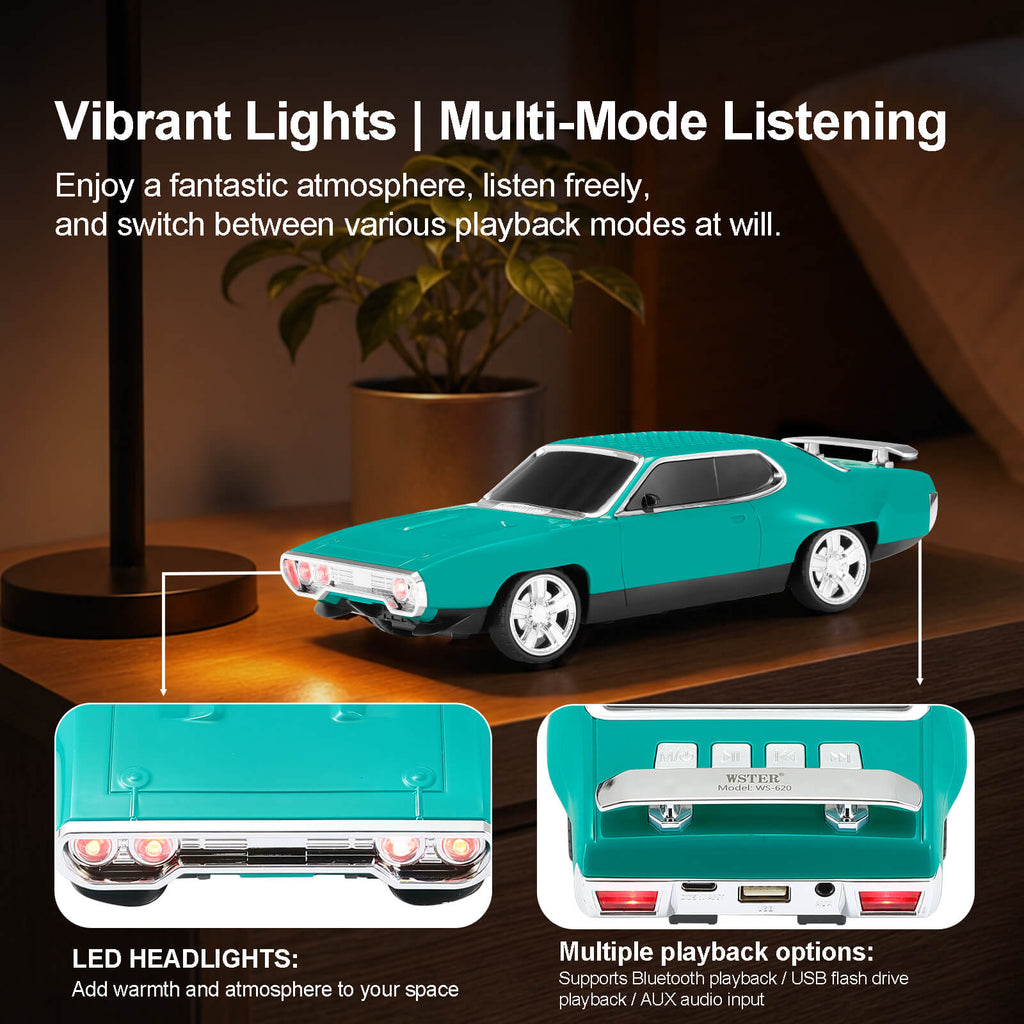 WS - 620 Classic Muscle Car Bluetooth Replica Speaker – Portable Wireless with HD Sound, TWS Stereo Pairing, LED Party Light, USB/TF/FM Support, Built - in Mic, Home Audio Cars Speaker Gift - WSTER