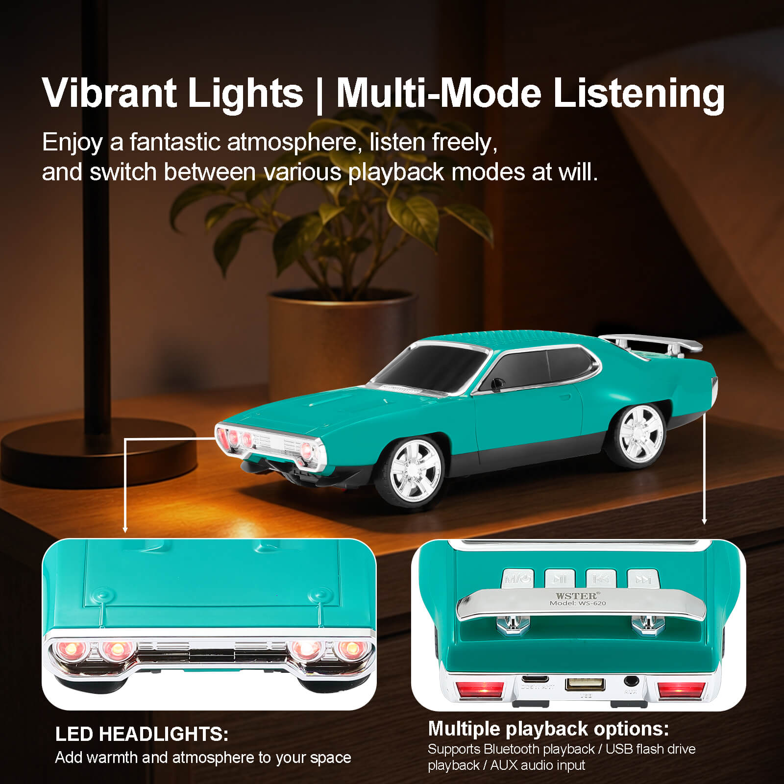 WS - 620 Classic Muscle Car Bluetooth Replica Speaker – Portable Wireless with HD Sound, TWS Stereo Pairing, LED Party Light, USB/TF/FM Support, Built - in Mic, Home Audio Cars Speaker Gift - WSTER
