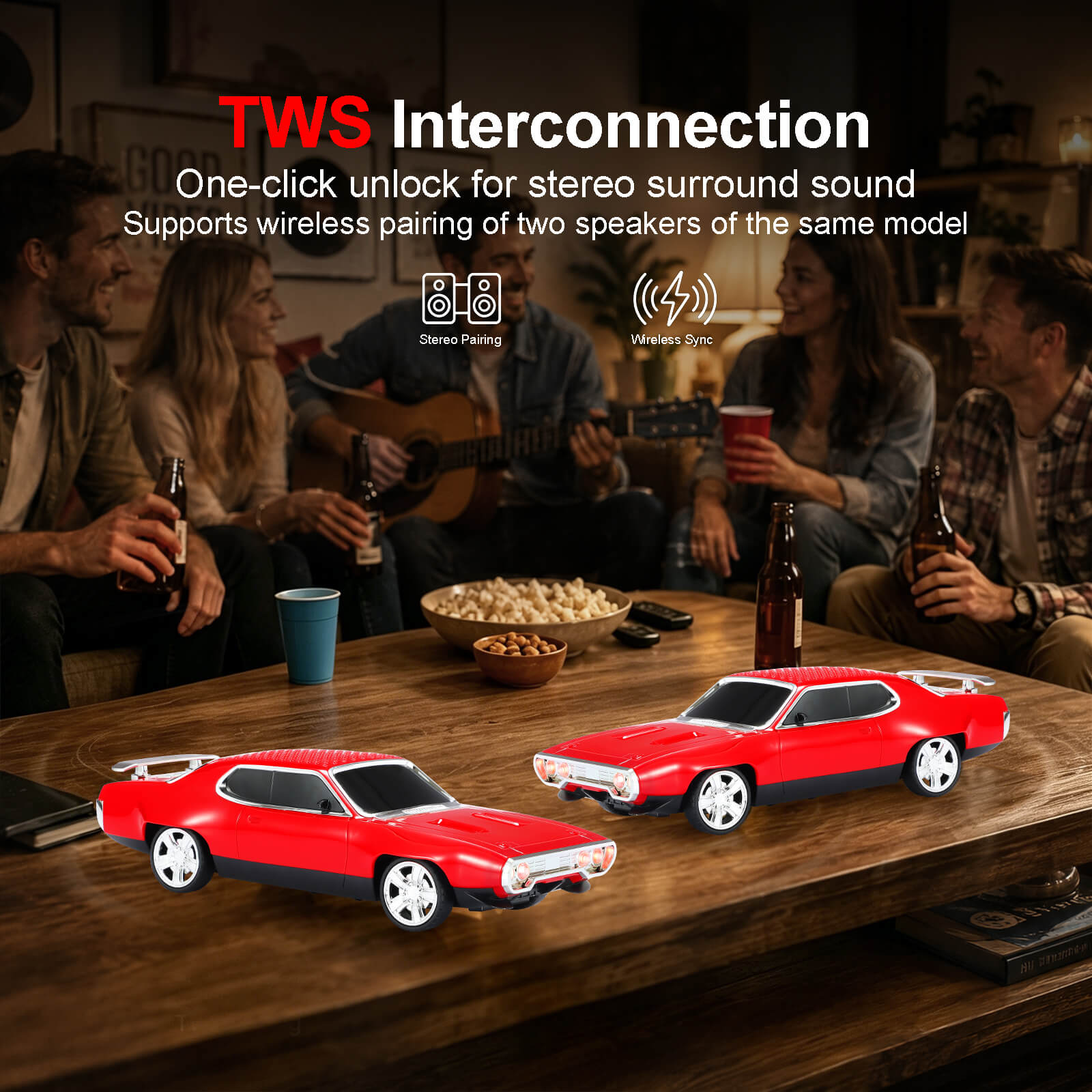 WS - 620 Classic Muscle Car Bluetooth Replica Speaker – Portable Wireless with HD Sound, TWS Stereo Pairing, LED Party Light, USB/TF/FM Support, Built - in Mic, Home Audio Cars Speaker Gift - WSTER