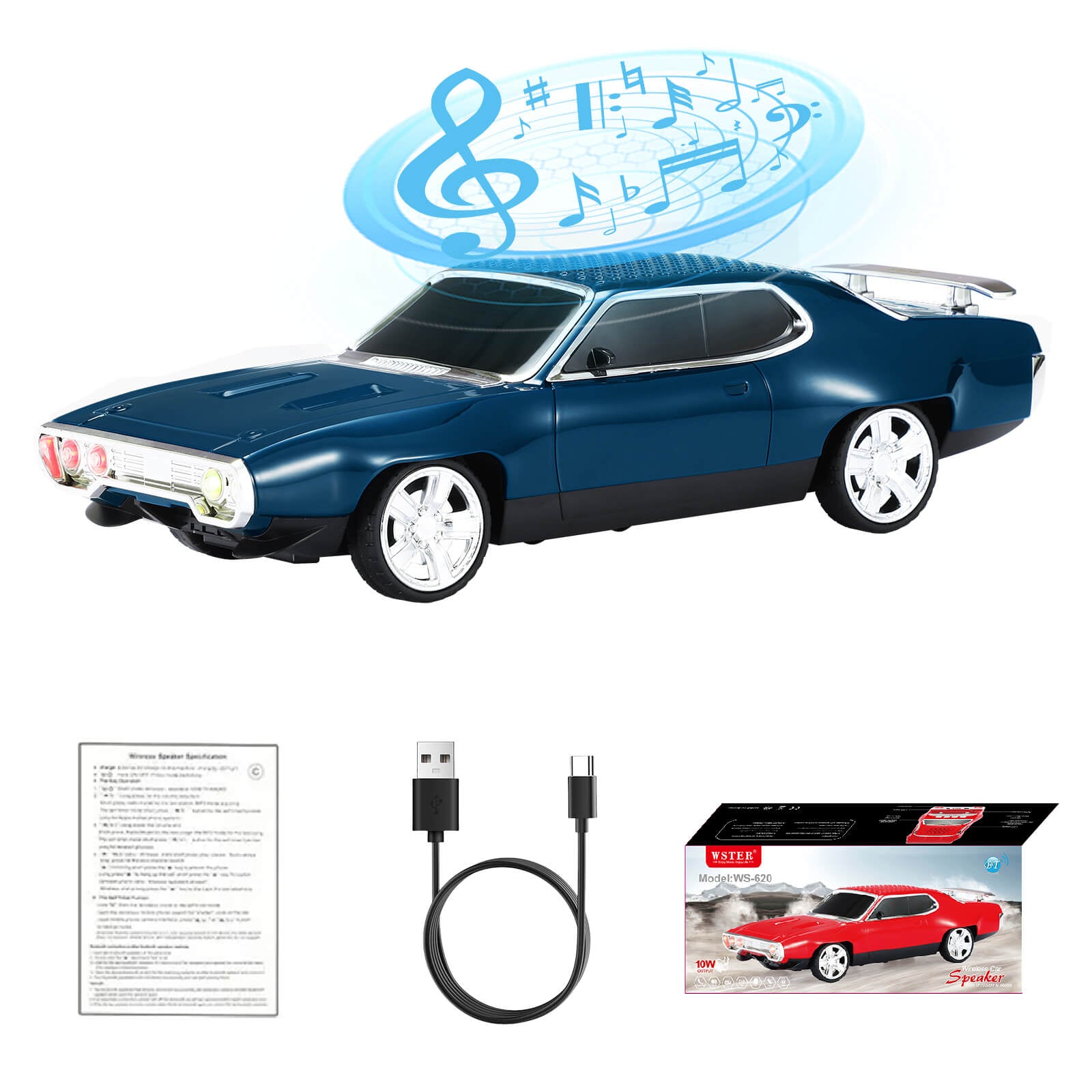 WS - 620 Classic Muscle Car Bluetooth Replica Speaker – Portable Wireless with HD Sound, TWS Stereo Pairing, LED Party Light, USB/TF/FM Support, Built - in Mic, Home Audio Cars Speaker Gift - WSTER