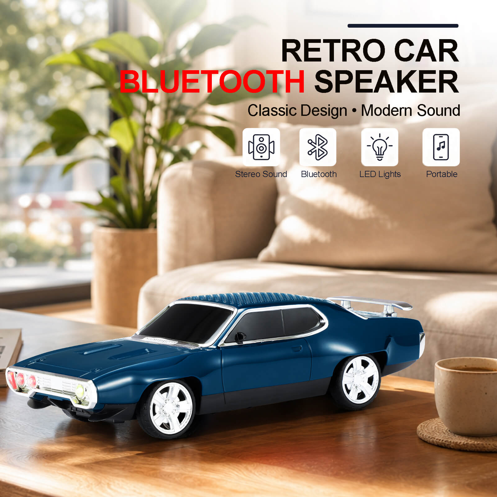 WS - 620 Classic Muscle Car Bluetooth Replica Speaker – Portable Wireless with HD Sound, TWS Stereo Pairing, LED Party Light, USB/TF/FM Support, Built - in Mic, Home Audio Cars Speaker Gift - WSTER