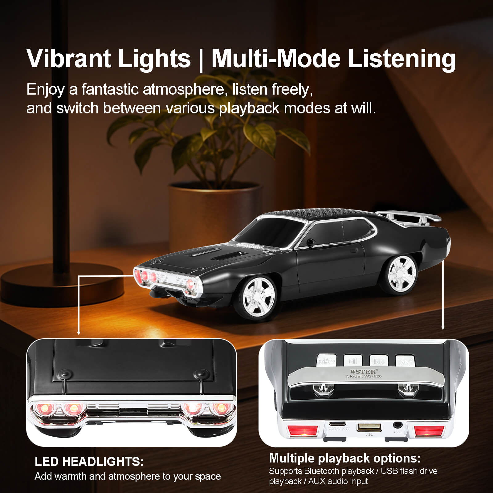WS - 620 Classic Muscle Car Bluetooth Replica Speaker – Portable Wireless with HD Sound, TWS Stereo Pairing, LED Party Light, USB/TF/FM Support, Built - in Mic, Home Audio Cars Speaker Gift - WSTER