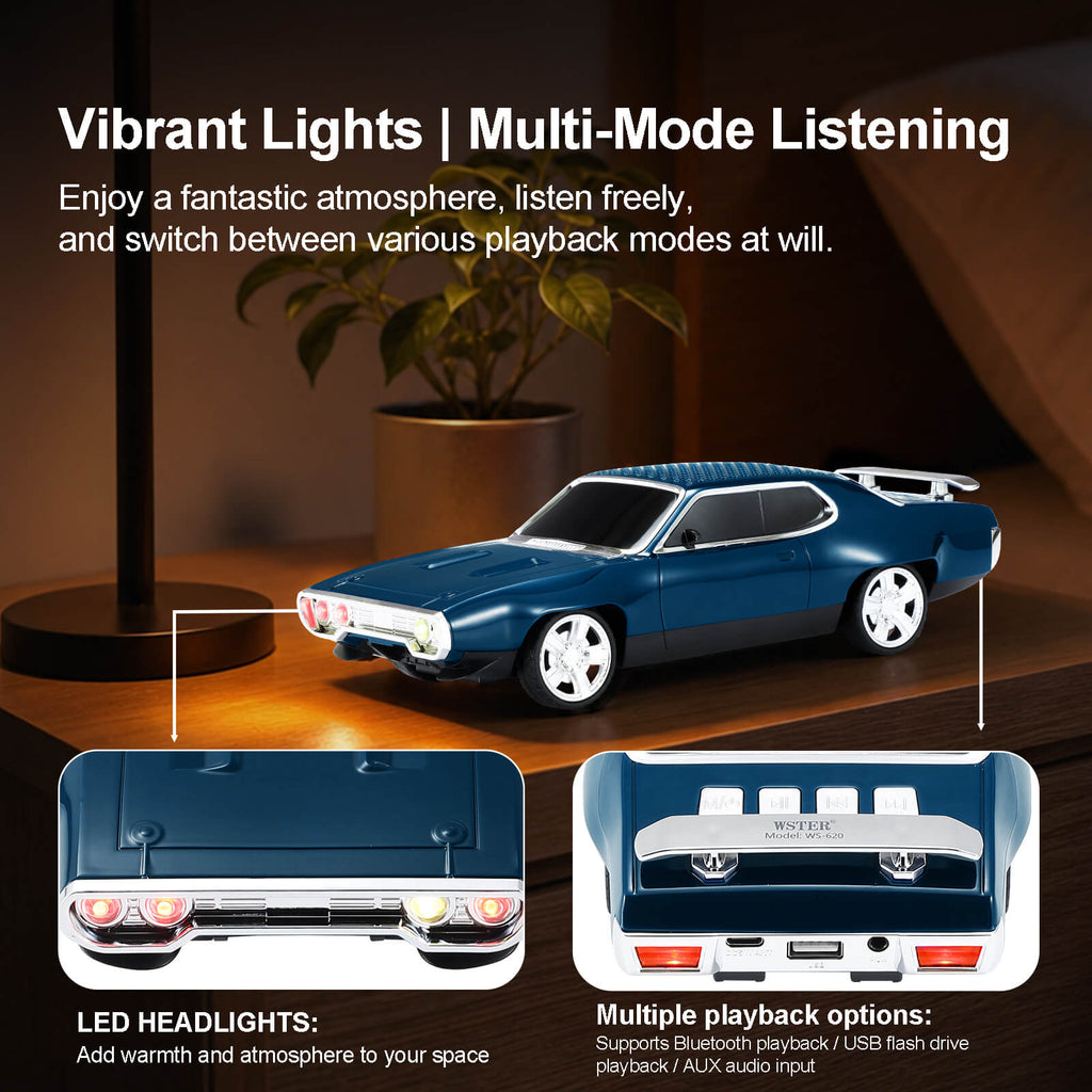 WS - 620 Classic Muscle Car Bluetooth Replica Speaker – Portable Wireless with HD Sound, TWS Stereo Pairing, LED Party Light, USB/TF/FM Support, Built - in Mic, Home Audio Cars Speaker Gift - WSTER