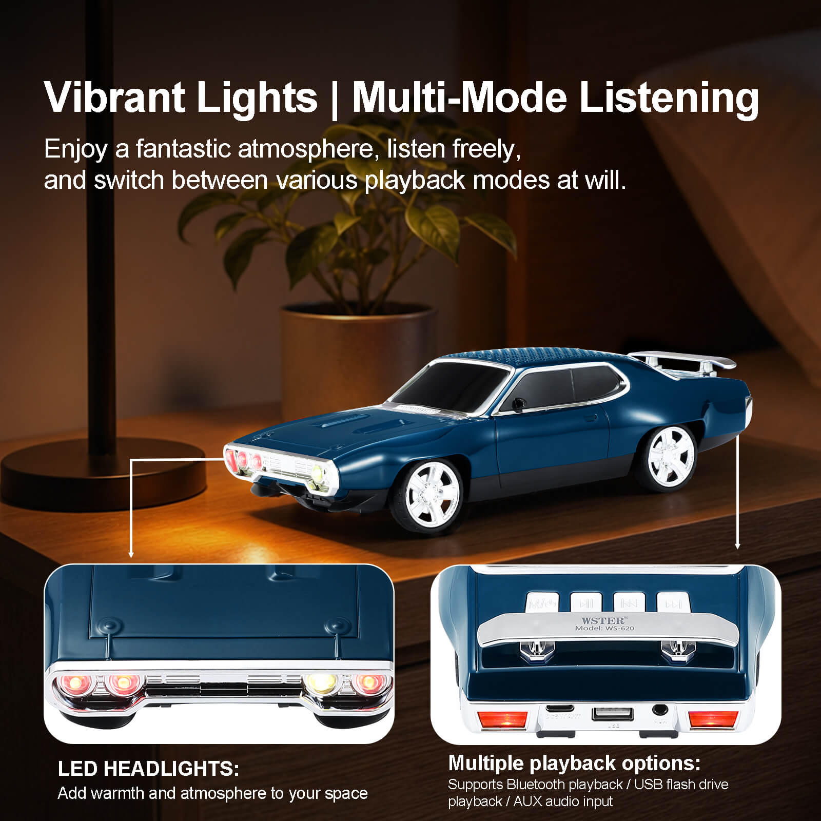 WS - 620 Classic Muscle Car Bluetooth Replica Speaker – Portable Wireless with HD Sound, TWS Stereo Pairing, LED Party Light, USB/TF/FM Support, Built - in Mic, Home Audio Cars Speaker Gift - WSTER
