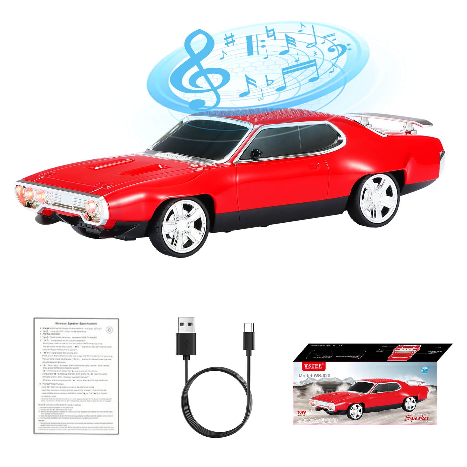 WS - 620 Classic Muscle Car Bluetooth Replica Speaker – Portable Wireless with HD Sound, TWS Stereo Pairing, LED Party Light, USB/TF/FM Support, Built - in Mic, Home Audio Cars Speaker Gift - WSTER