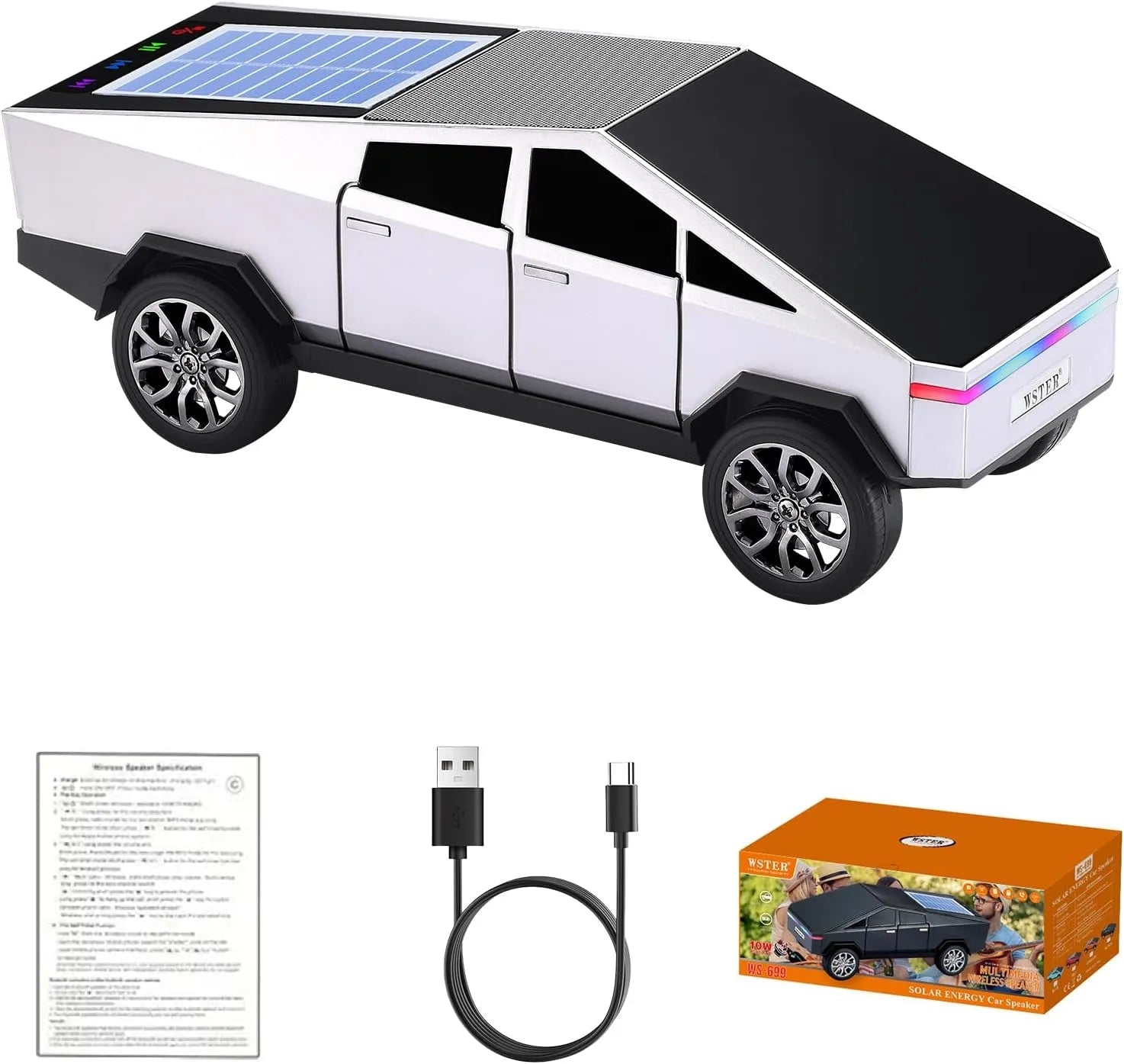 WS - 699 Solar Bluetooth Replica Speaker – Future Pickup Truck Design, HD Sound, TWS Stereo Pairing, FM Radio, LED Party Light, USB/TF Playback, Hands - Free Mic, Type - C Charging, Portable Gift - WSTER