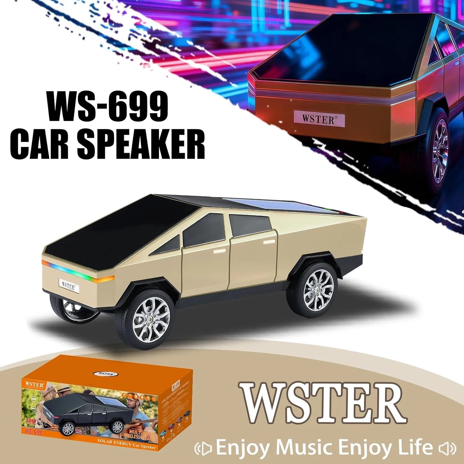 WS - 699 Solar Bluetooth Replica Speaker – Future Pickup Truck Design, HD Sound, TWS Stereo Pairing, FM Radio, LED Party Light, USB/TF Playback, Hands - Free Mic, Type - C Charging, Portable Gift - WSTER