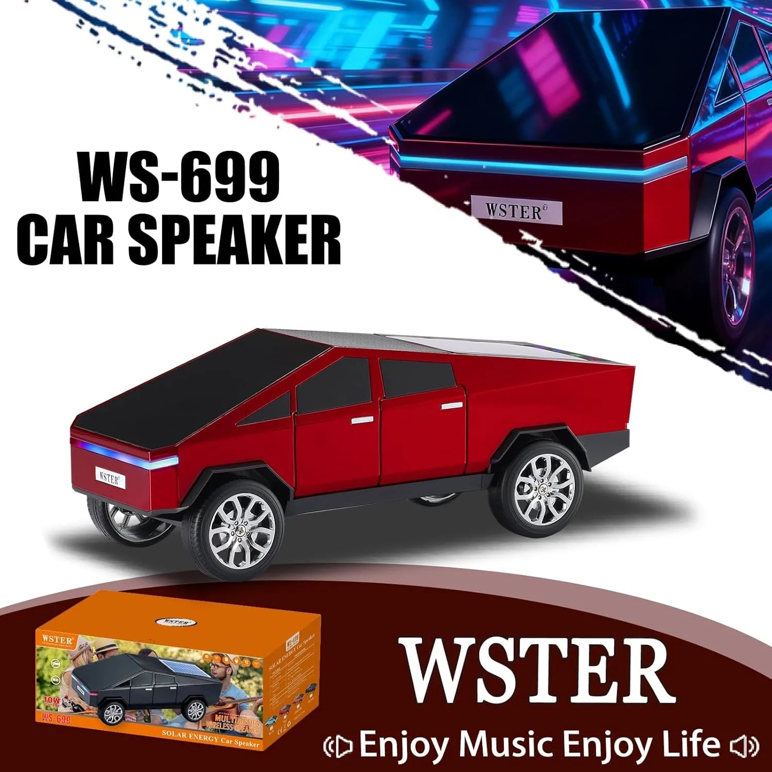 WS - 699 Solar Bluetooth Replica Speaker – Future Pickup Truck Design, HD Sound, TWS Stereo Pairing, FM Radio, LED Party Light, USB/TF Playback, Hands - Free Mic, Type - C Charging, Portable Gift - WSTER