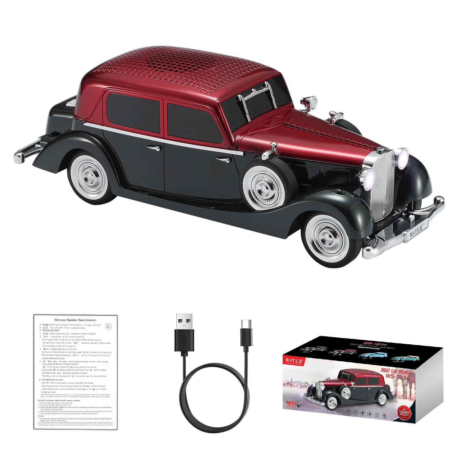 WSTER WS - 1934 Retro Classic Car Bluetooth Replica Speaker – Wireless HD Sound with FM Radio,TWS Stereo,LED Party Lights,Built - in Microphone Hands - Free Call, Surprise Portable Gift for Party Use - WSTER