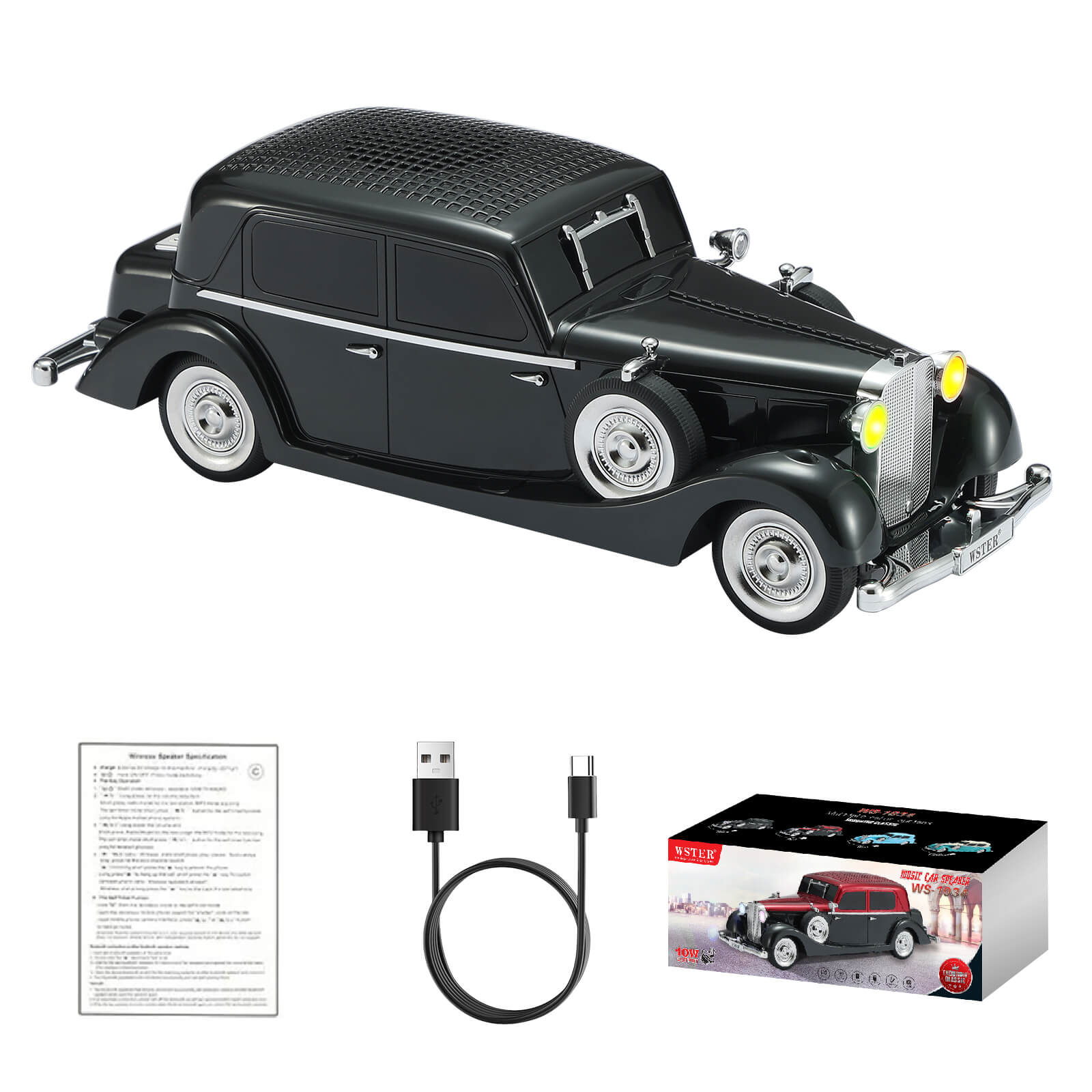 WSTER WS - 1934 Retro Classic Car Bluetooth Replica Speaker – Wireless HD Sound with FM Radio,TWS Stereo,LED Party Lights,Built - in Microphone Hands - Free Call, Surprise Portable Gift for Party Use - WSTER