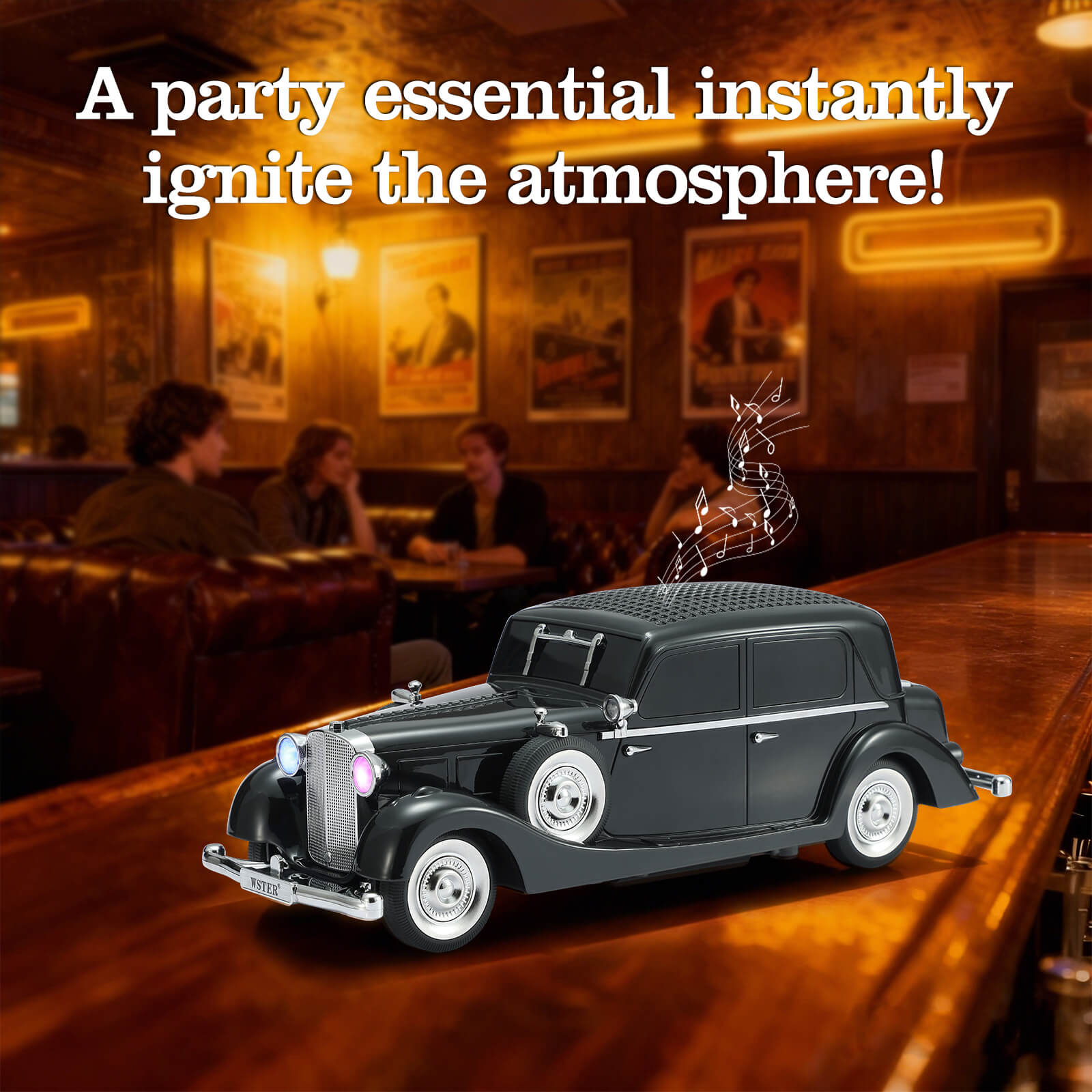 WSTER WS - 1934 Retro Classic Car Bluetooth Replica Speaker – Wireless HD Sound with FM Radio,TWS Stereo,LED Party Lights,Built - in Microphone Hands - Free Call, Surprise Portable Gift for Party Use - WSTER