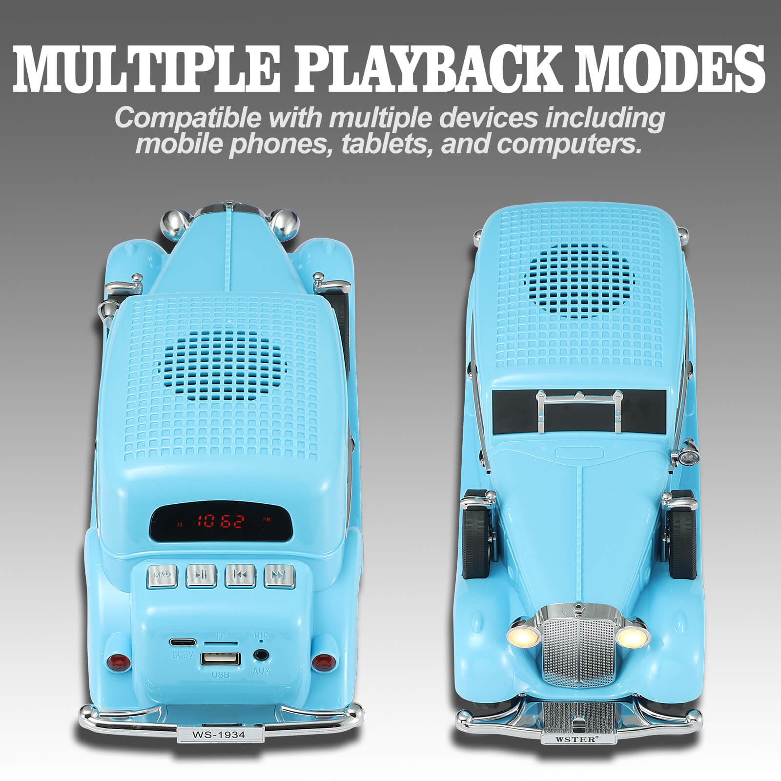 WSTER WS - 1934 Retro Classic Car Bluetooth Replica Speaker – Wireless HD Sound with FM Radio,TWS Stereo,LED Party Lights,Built - in Microphone Hands - Free Call, Surprise Portable Gift for Party Use - WSTER